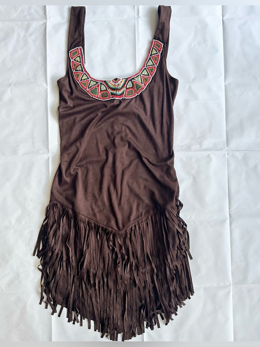 Dreamgirl brown beaded fringed tank tunic costume dress, size large